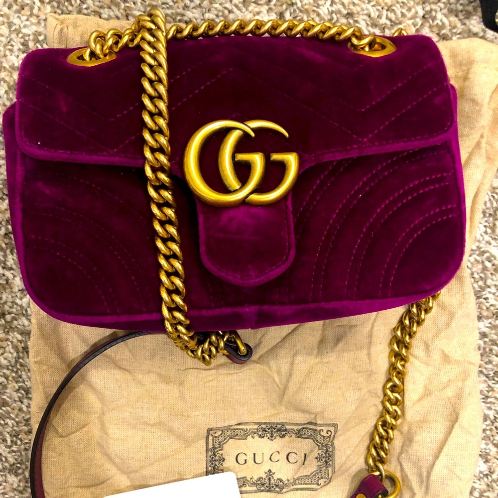 Gucci Velvet Small Shoulder Bag in Deep Plum with Gold Hardware